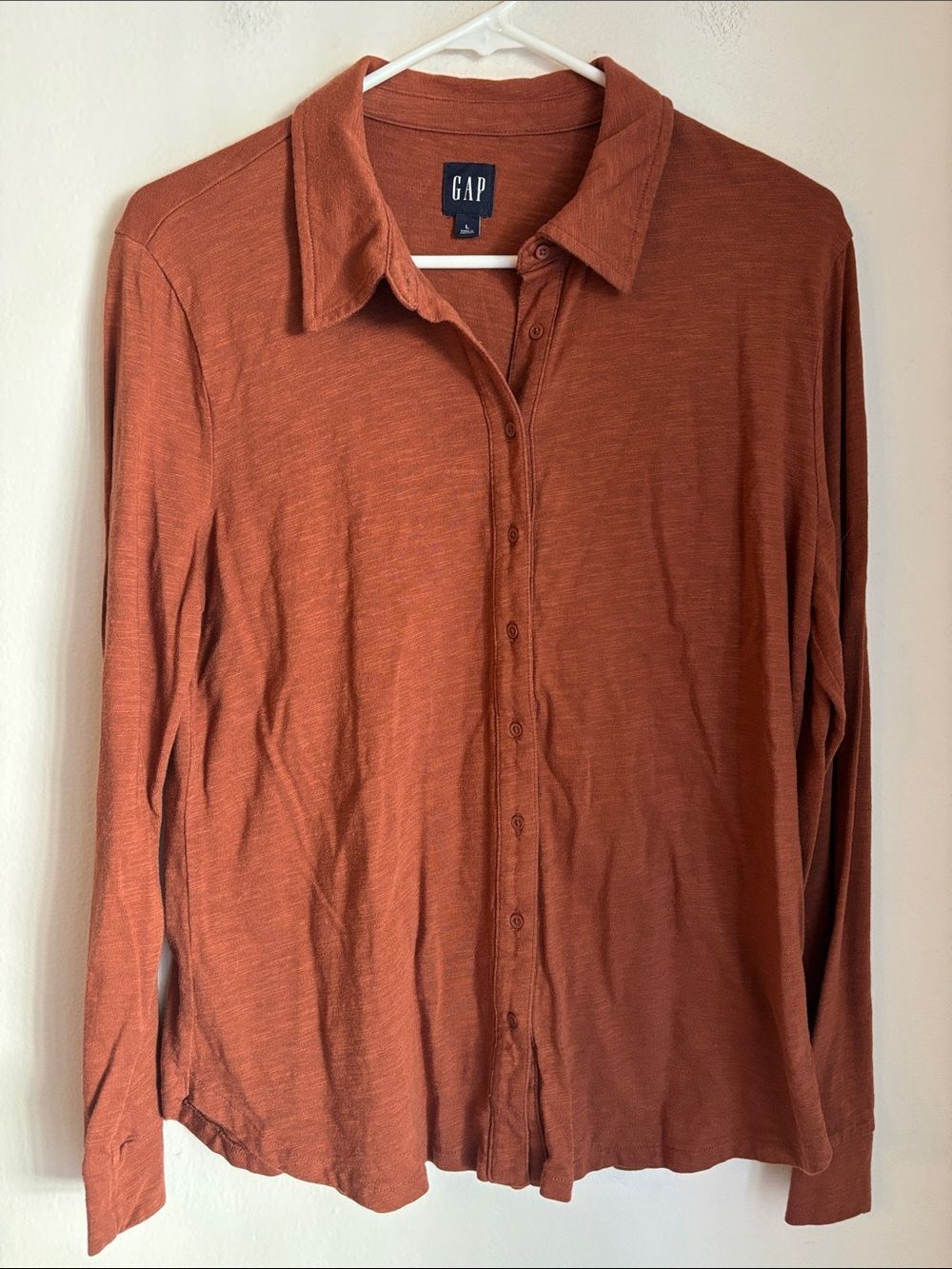 GAP women Rust Orange Long Sleeve soft cotton Button-Up Shirt large Classic EUC